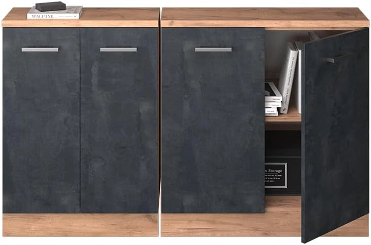 Set di mobili sottotetto Rion, Calcestruzzo nero, 140 cm Set di 2 carcasse armadio profondità 60 cm, adatto per il salvaspazio sotto tetti spioventi