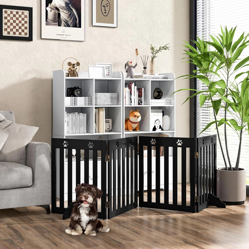 Cancelletto per Cani Pieghevoli 204 x 60 cm, Barriera per Cani in Legno a 4 Pannelli con Piedini Stabili, Recinzione per Scale, Ingressi e Corridoi (Marrone)