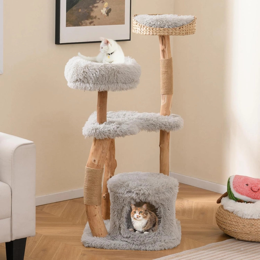 Albero per Gatti in Legno Alto 124 cm, Albero Tiragraffi per Gatti in Legno Massello con Pali di Corda di Juta, Torre Moderno per Animali Domestici Interni a 5 Livelli (Grigio)