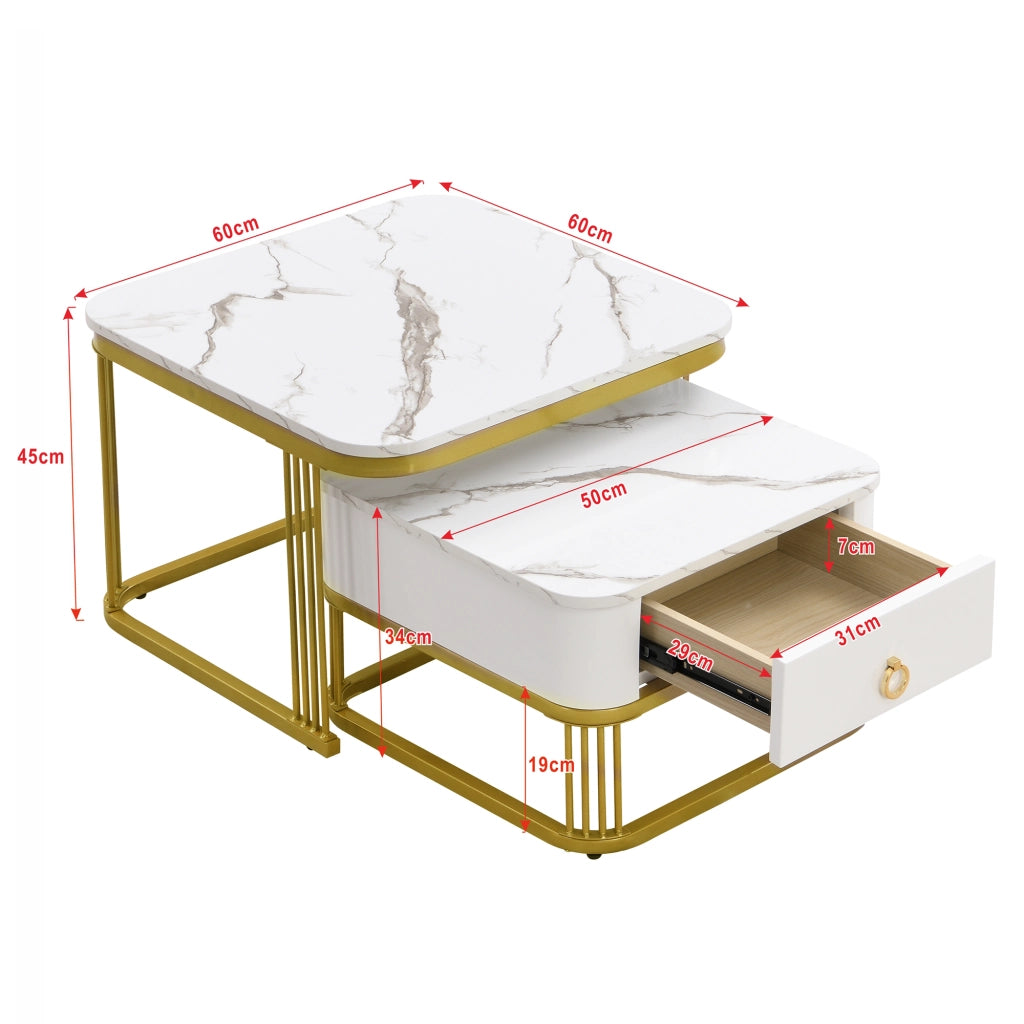 Tavolini da salotto 60x60x45+50x50x34 cm; design impilabile; effetto marmo lucido; MDF bianco
