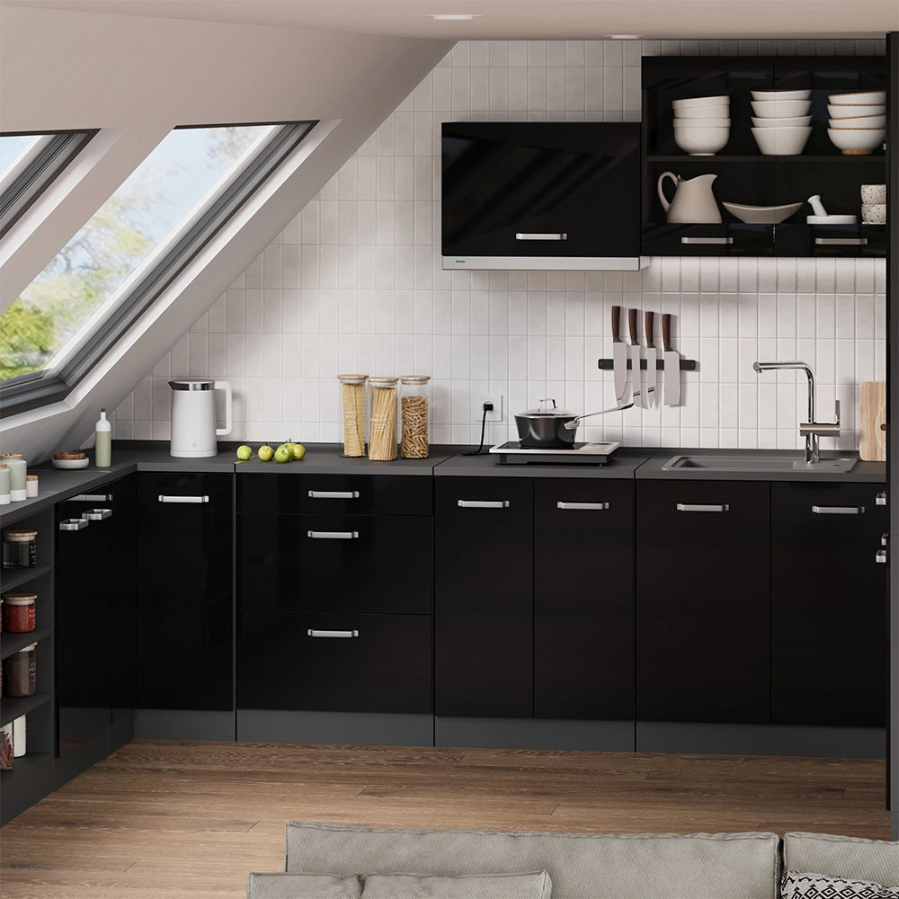 Mobile cucina sottotetto R-Line Nero lucido/Antracite 60 cm senza inclinazione con 3 cassetti Vicco