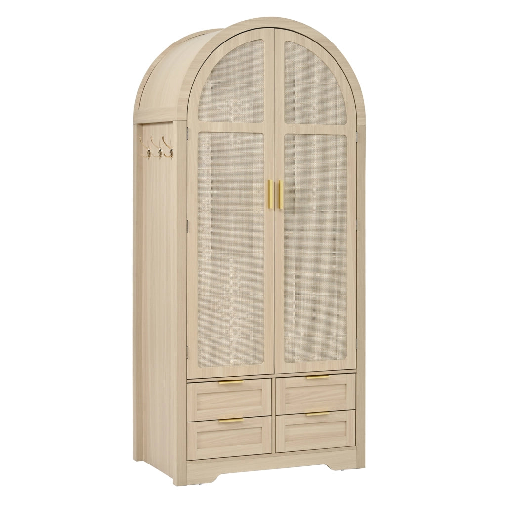 Armadio moderno con ante curve e inserti in rattan 80x50x179 cm; MDF colore quercia