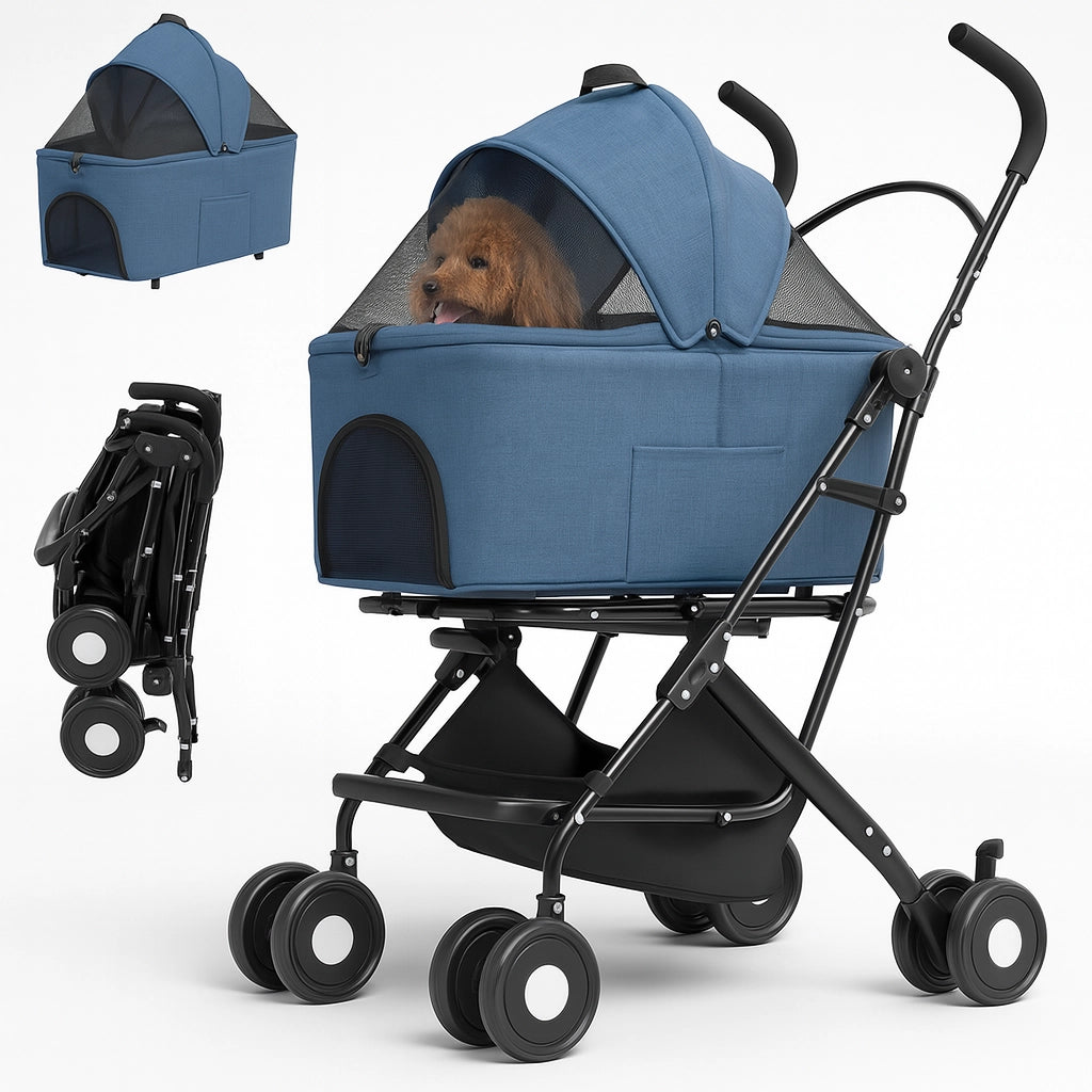 Passeggino Cani e Gatti 2in1 Trasportino Rimovibile e Struttura Pieghevole Robusta Blu