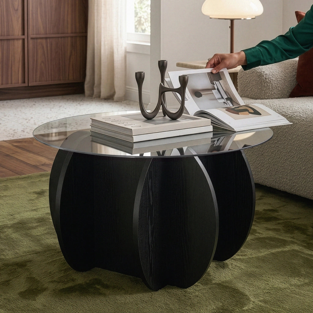 Tavolino da Caffè Karhuvandi con Piano Rotondo in Vetro Fumé Ø70 x 40 cm Grigio/Effetto Legno Nero [en.casa]