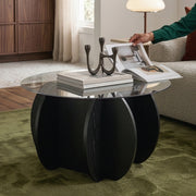 Tavolino da Caffè Karhuvandi con Piano Rotondo in Vetro Fumé Ø70 x 40 cm Grigio/Effetto Legno Nero [en.casa]