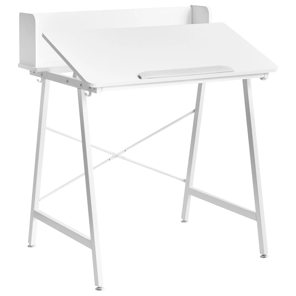 Scrivania da disegno in truciolato bianco con gambe in ferro e piano inclinabile ganci per cavi stile moderno