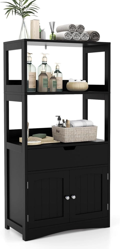 Mobile da bagno con ripiano a 3 livelli e cassetto, armadio su piedistallo per bagno, dispositivo antiribaltamento, mobiletto portaoggetti 60 x 32,5 x 122 cm (nero)