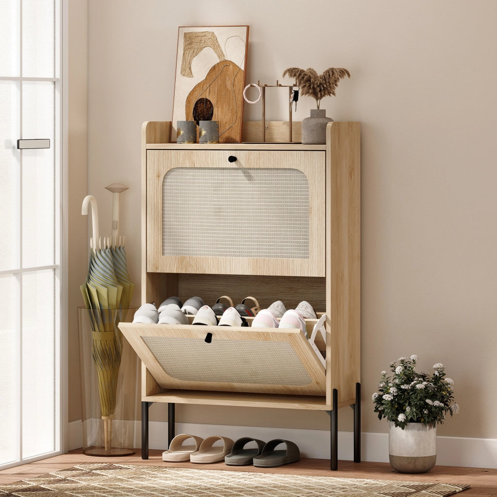 Scarpiera 12 paia con ante in rattan e 2 cassetti ¨C zephmum ¨C rovere 88x132x19