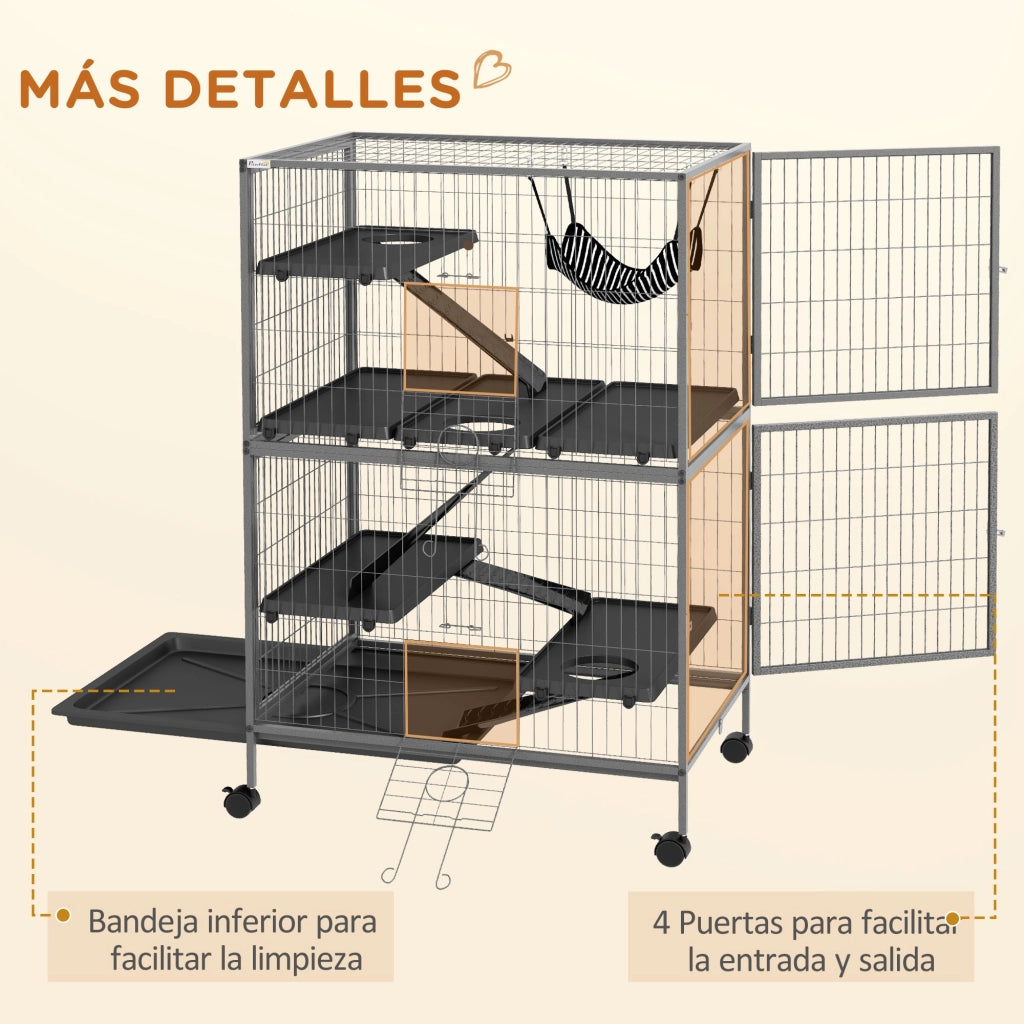 Gabbia per Animali Domestici con Ruote Rampa Amaca e Vassoio ¨C zephmum ¨C Grigio 80x52x128 cm