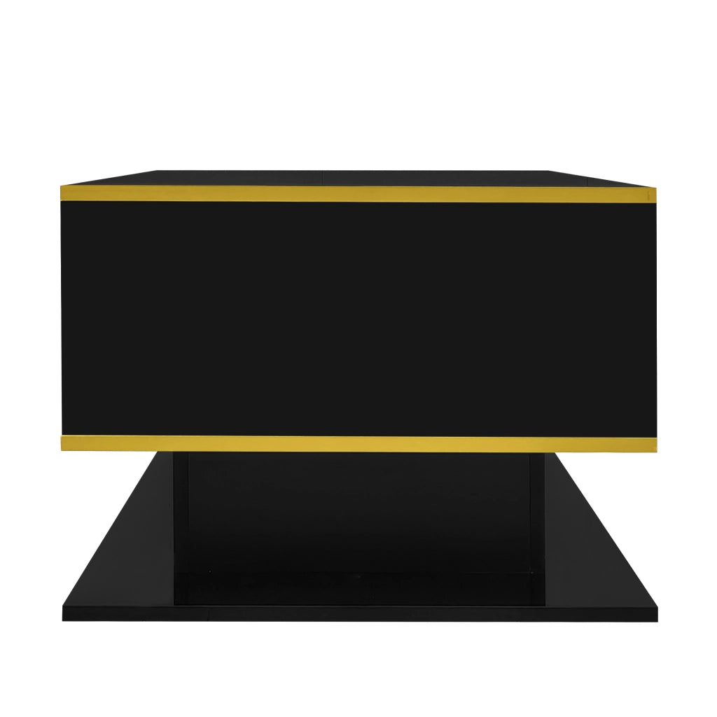 Tavolino da caffè 100x50x40 cm; con LED e 3 cassetti; finitura lucida; truciolato; nero e oro