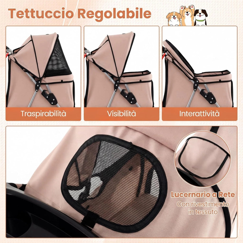 Passeggino per Cani Piccoli Pieghevole Facile, Carrozzina per Cani Portata Fino a 15 kg con Rete Traspirante e Copertura Impermeabile, Passeggino per Gatti per Viaggio (Beige)