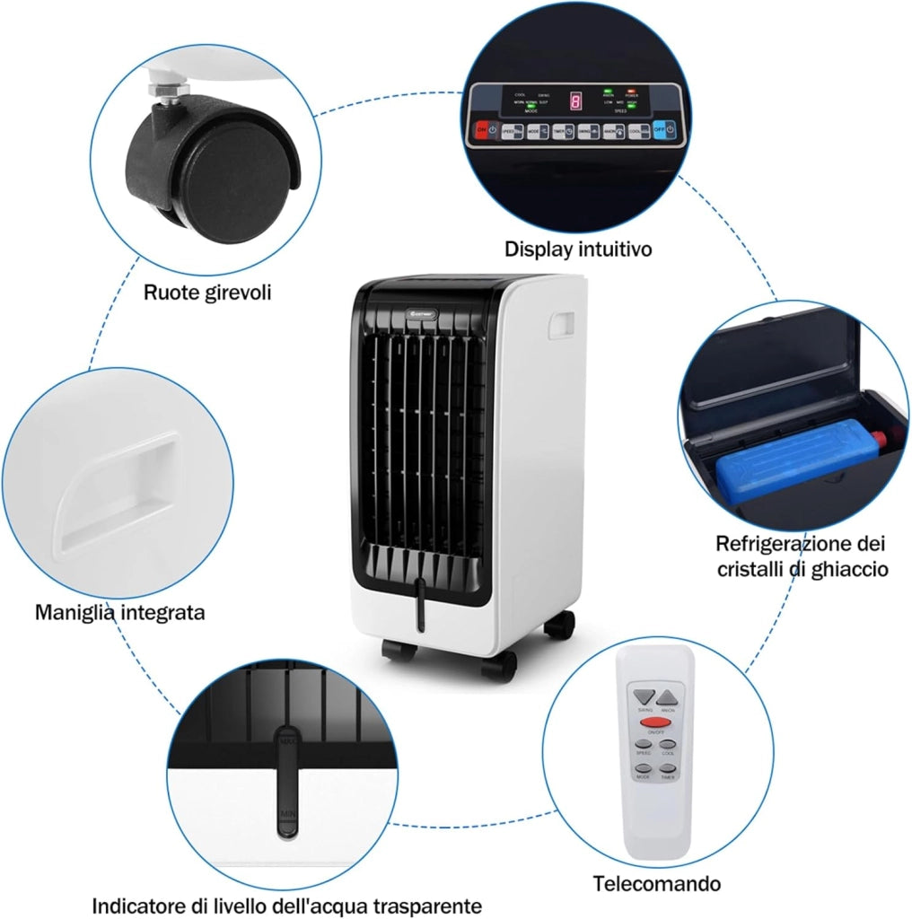 Condizionatore Climatizzatore Portatile Raffrescatore Evaporativo, con Telecomando, Funzione Raffreddatore e Umidificatore, Serbatoio Acqua 6L, 230V