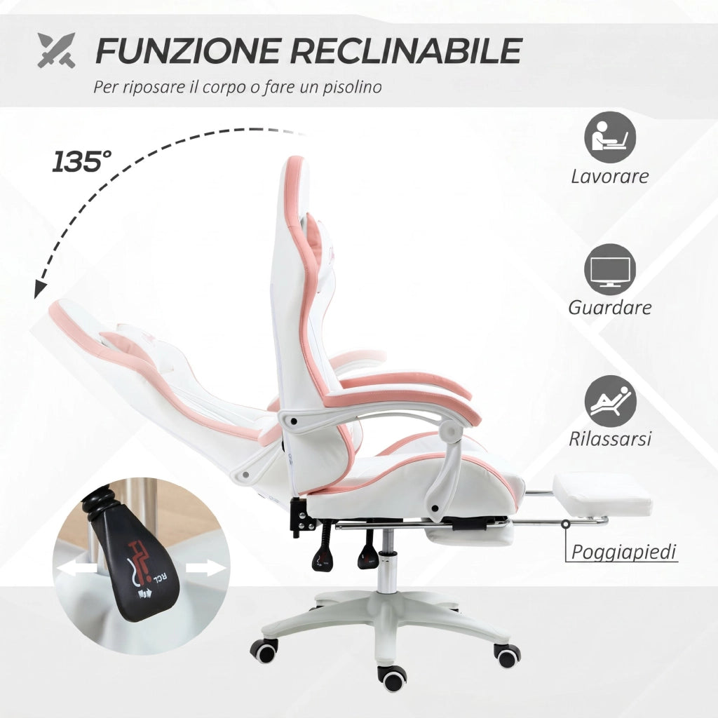 Sedia da Gaming con Altezza Regolabile e Schienale Reclinabile 135°, 65x65x121-129 cm, Bianco e Rosa