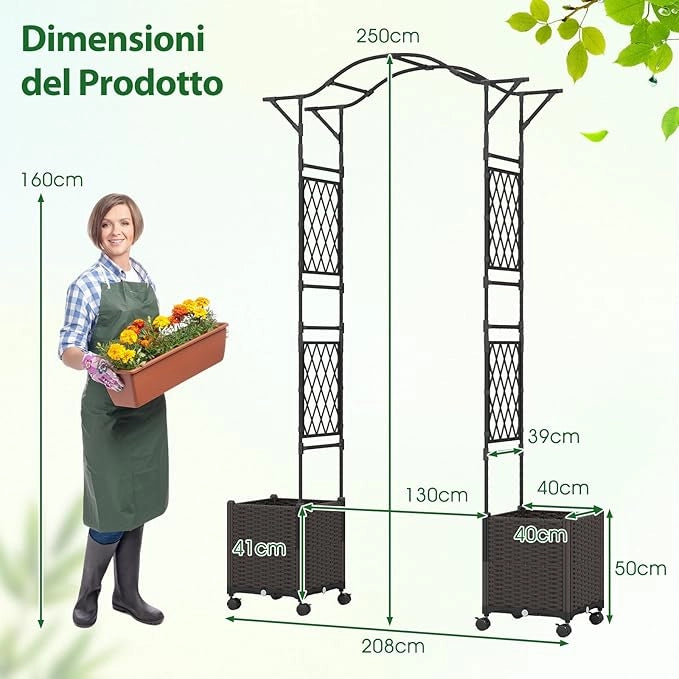 Arco da Giardino con 2 Fioriere Auto-irriganti e Ruote, Supporto per Piante in Metallo Rivestita PE Antiruggine, Grande Arco per Viti e Rose da Matrimonio all'Aperto (Nero)