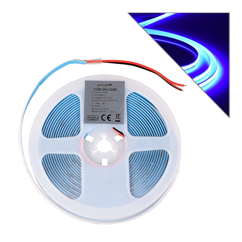 STRISCIA LED COB 5M TAGLIABILE LUCE BLU A 24V - ELEVATA LUMINOSITA' 1020 LM/m CON ANGOLO DI ILLUMINAZIONE A 180°