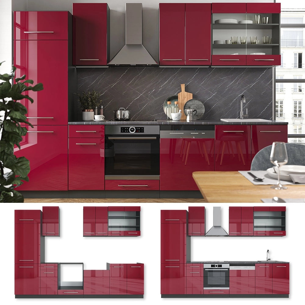 Cucina componibile Fame-Line Bordeaux lucido/Antracite 300 cm, PL Marmo Vicco