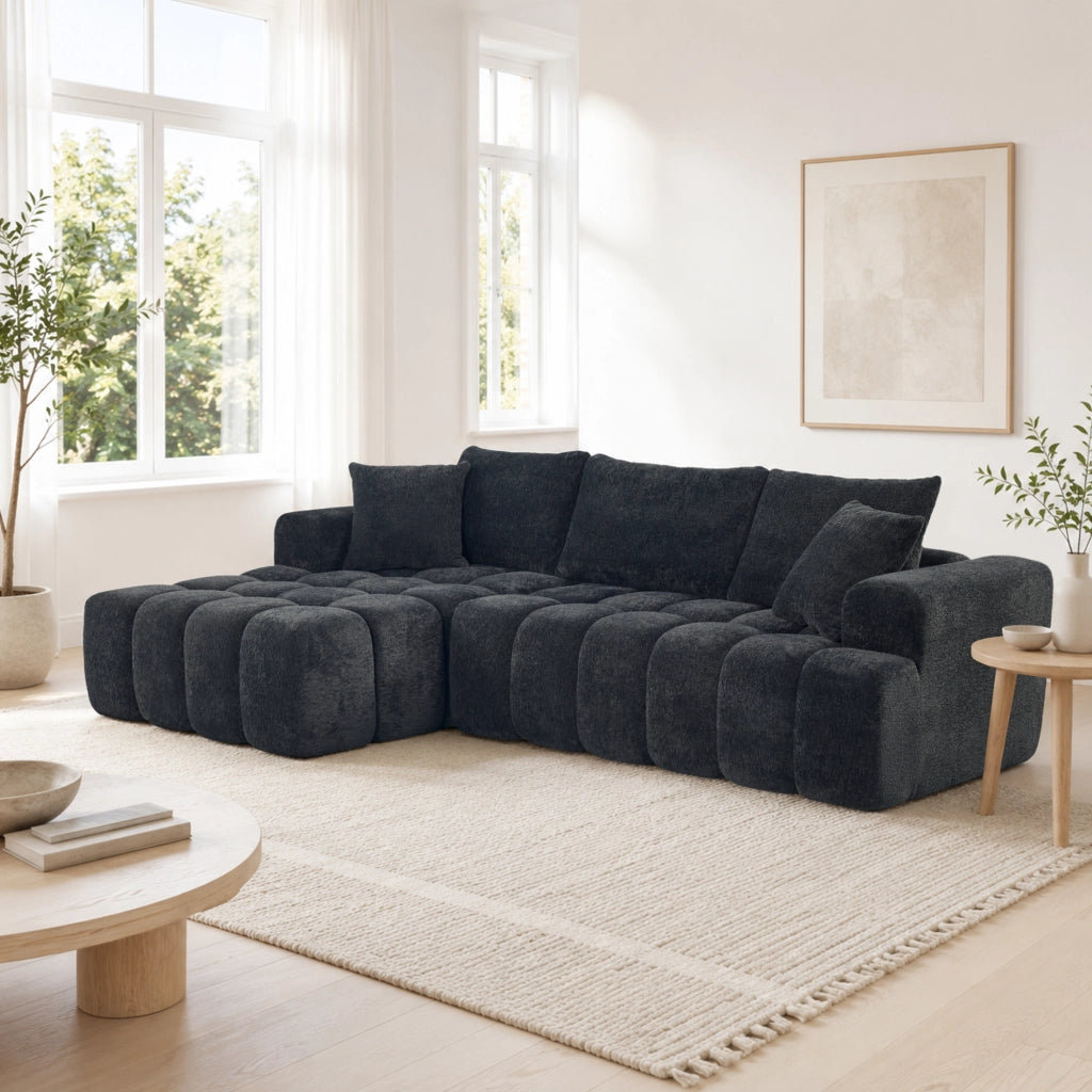 Divano angolare convertibile a L; stile moderno; nero e grigio