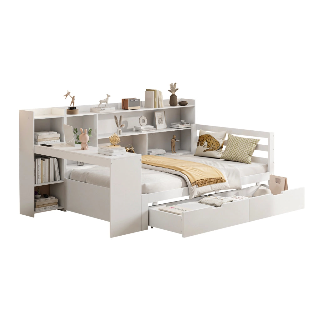 Letto 90x200 cm multifunzionale con scrivania e presa in legno bianco