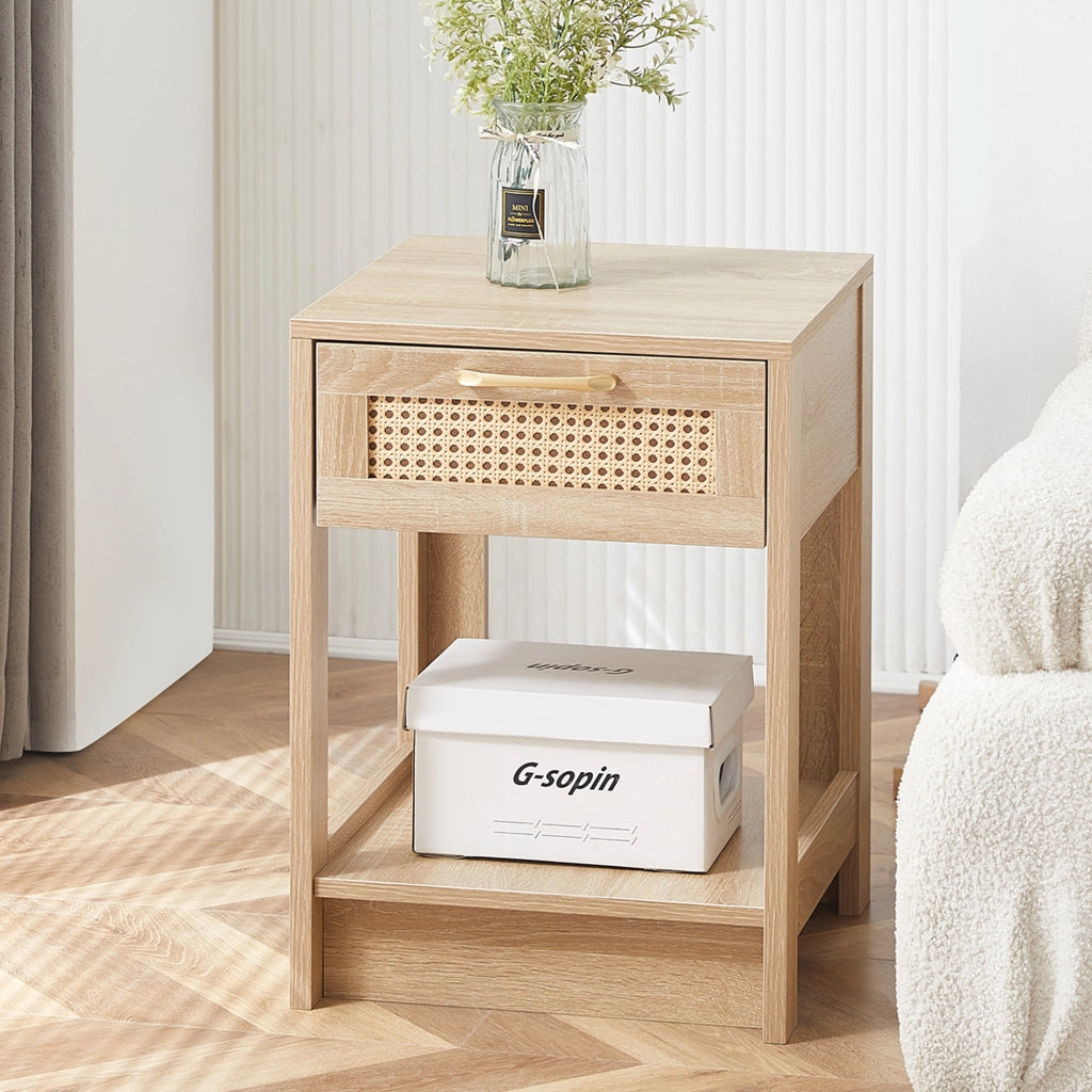 Comodino in MDF con 1 cassetto effetto rattan per camera da letto e soggiorno naturale 40 × 40 × 55 cm