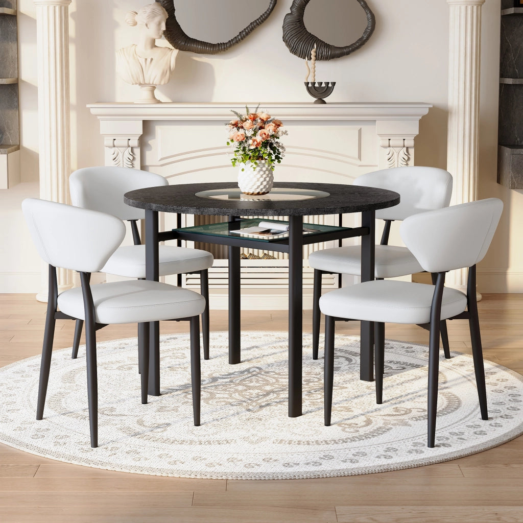 Tavolo da pranzo rotondo con 4 sedie in PU, piano in MDF con vetro e ripiano in vetro, per soggiorno, 100 cm