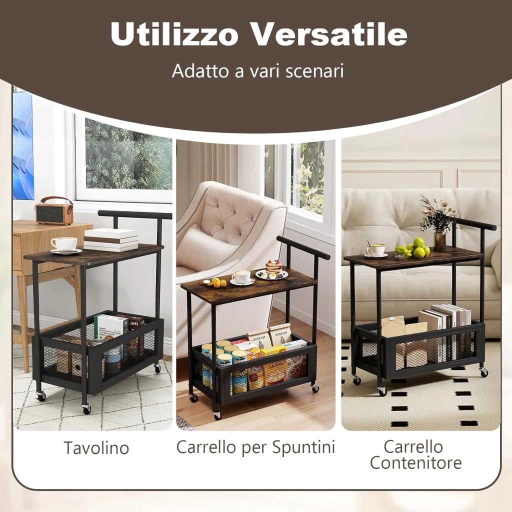 Tavolino da Divano e Letto con Ruote Bloccabili e Maniglia, Tavolino Laterale a 2 Ripiani con Mensola Aperta e Cestello in Rete, Carrello Porta Snack per Salotto e Camera da Letto