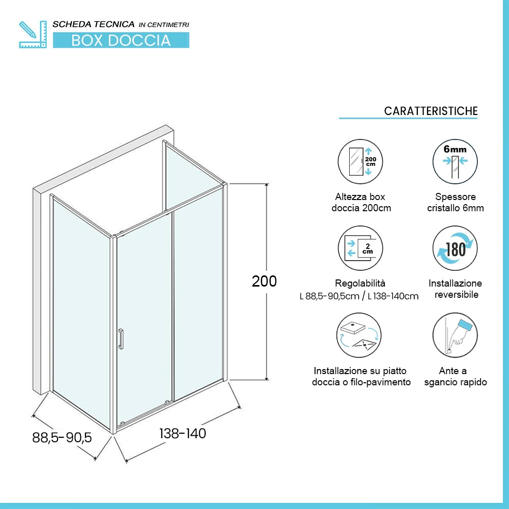 Box doccia 3 lati 90x140x90 cm con porta scorrevole in vetro trasparente Ted