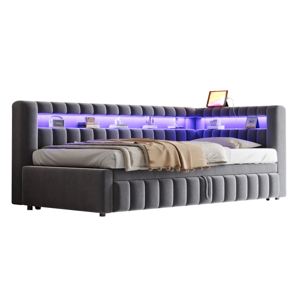 Divano letto imbottito estraibile 90x200 cm con LED, porta USB e vano portaoggetti, grigio