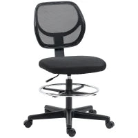 Sedia da Ufficio con Seduta Alta in Tessuto, Poggiapiedi, Altezza Regolabile 50-70 cm, Girevole 360°, Nero