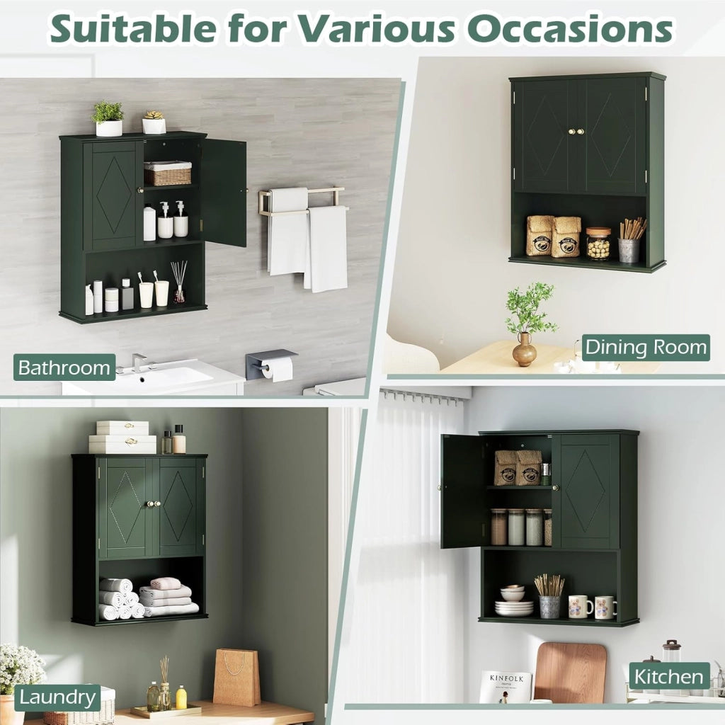 Mobile da Bagno, Armadietto a 2 Ante con Ripiano Regolabile, Armadio da Parete con Mensola Semi-aperta per Asciugamani, Prodotti per la Cura della Pelle e Articoli da Bagno (Verde)