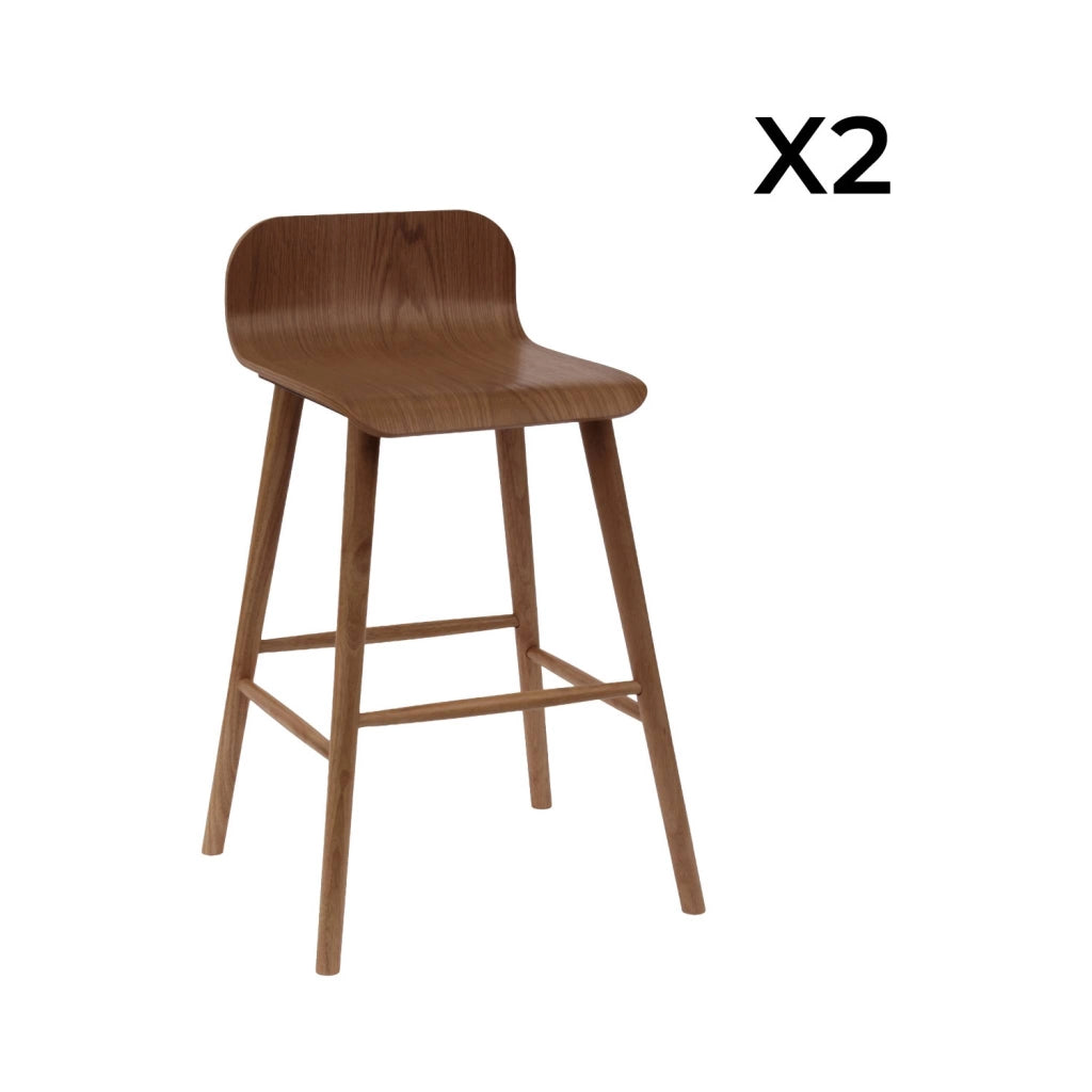 Set 2 sgabelli da bar scandinavo in legno di hevea 67,5 cm, noce