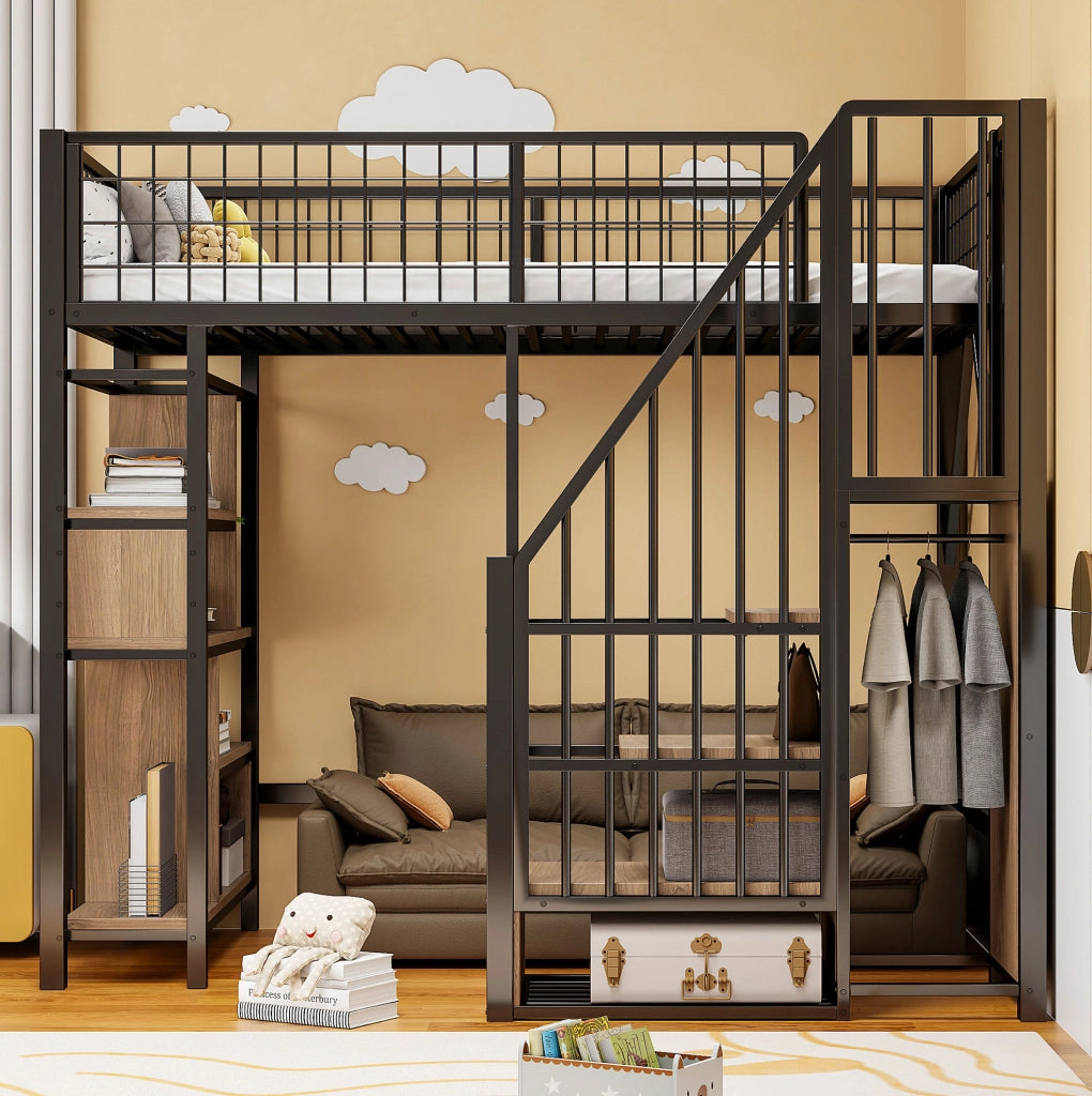 Letto a soppalco 90x200 cm con scala contenitore e vani portaoggetti