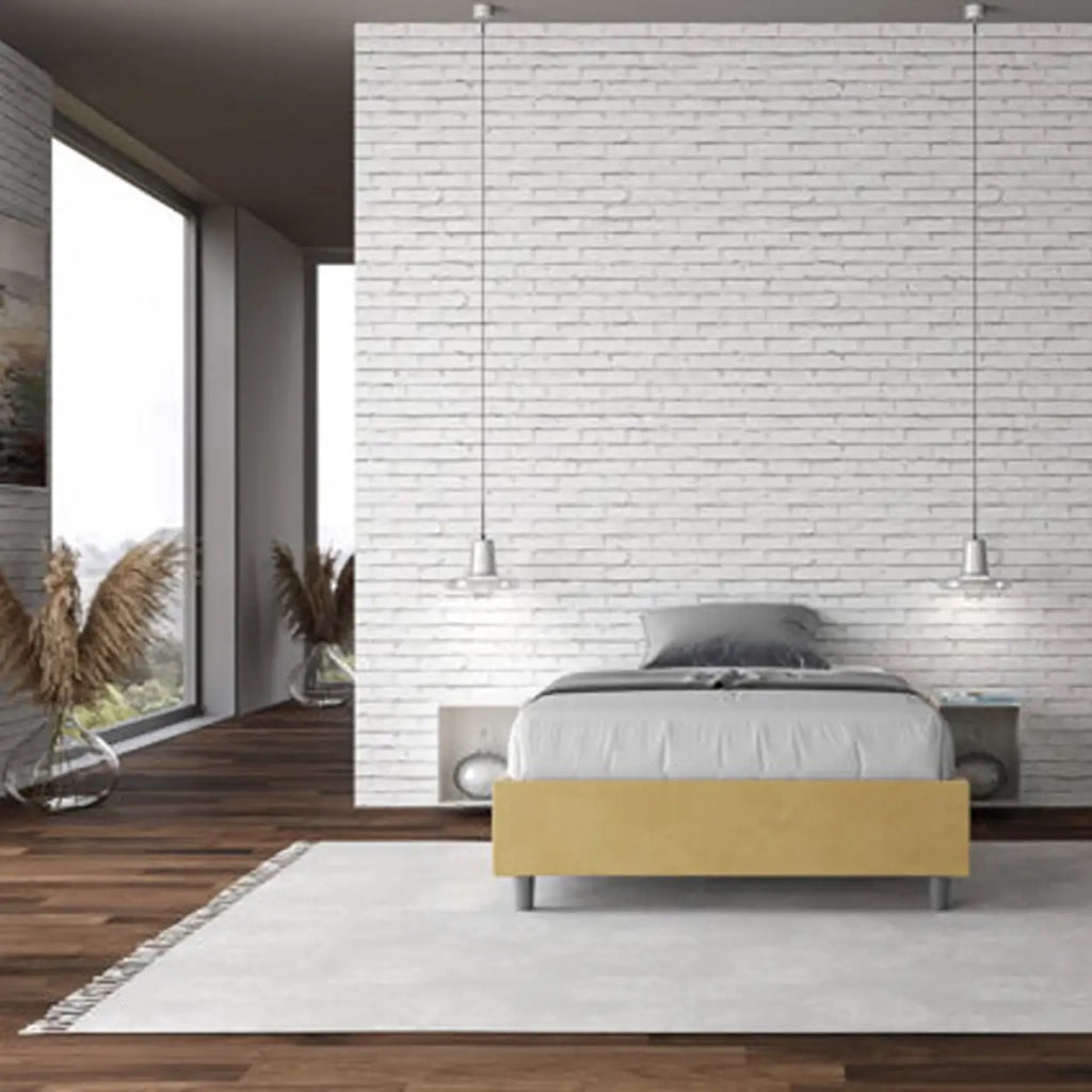 Letto una piazza e mezza con rete imbottito 120x210 microfibra ocra Azelia