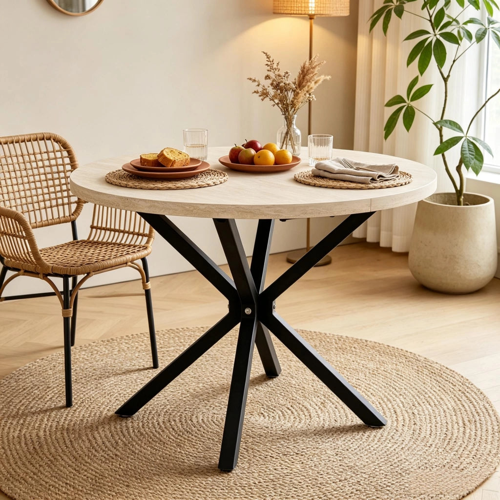 Tavolo da pranzo rotondo 100 cm con piano effetto pietra e gambe in metallo, stabile e versatile