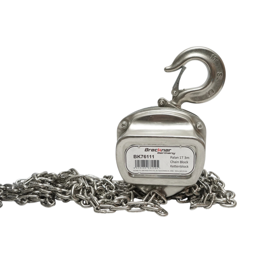 Paranco manuale in acciaio inox con catena da 3 m, portata massima 1000 kg, gancio di sicurezza. Breckner Germany
