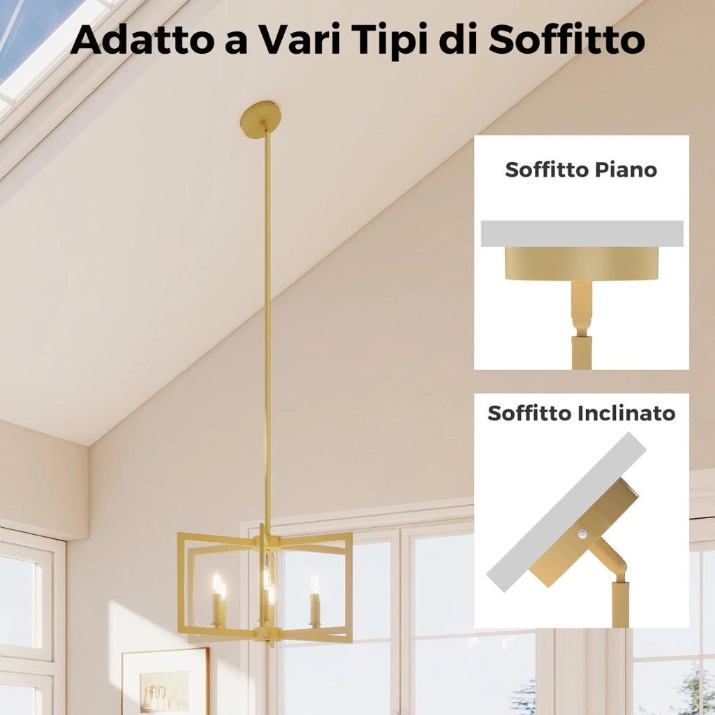 Lampadario a Sospensione a 6 Luci, Lampada a Sospensione Geometrica Moderna in Metallo Industriale con Altezza Regolabile, Lampada da Soffitto per Cucina, Salotto e Camera da Letto (Oro)