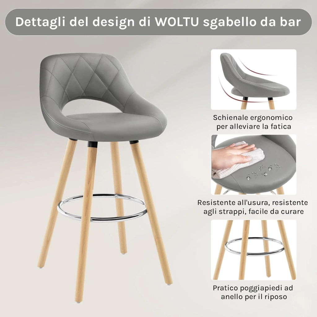 Sgabelli da Cucina Set di 6, Sgabello da Bar per Colazione, Sgabelli Alti con Poggiapiedi e Schienale, Sedile in Pelle Sintetica+Gambe in Legno, Grigio, BH111gr-6