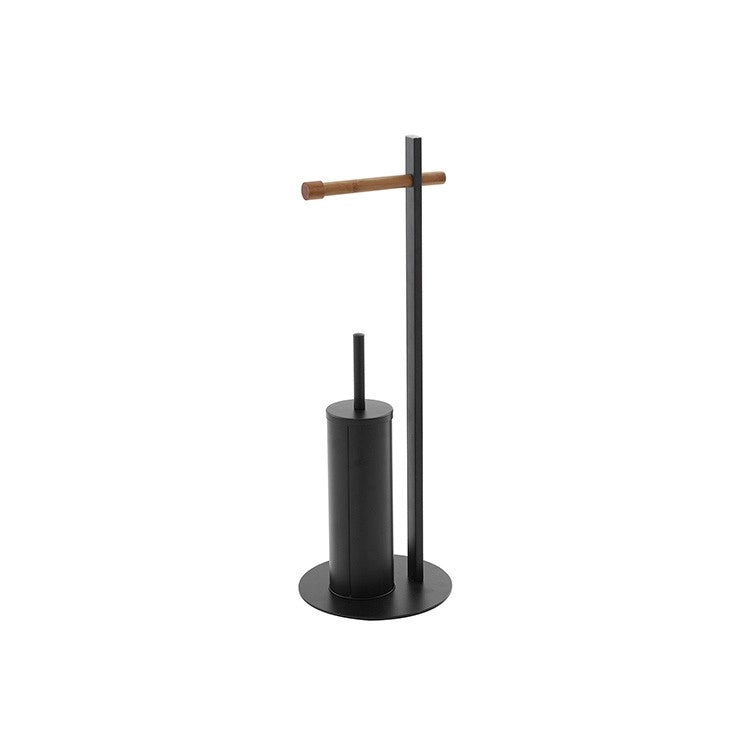 Piantana portascopino nera con portarotolo in bamboo L22xH67xP22 cm Feridras