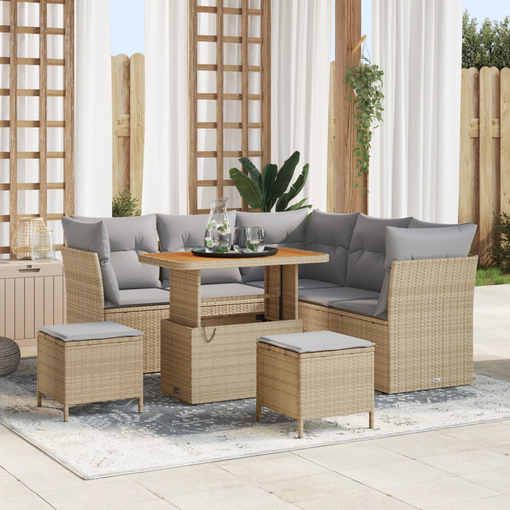 Set di Divani da Giardino 8 Pezzi con Cuscini Beige in Polyrattan e Acacia