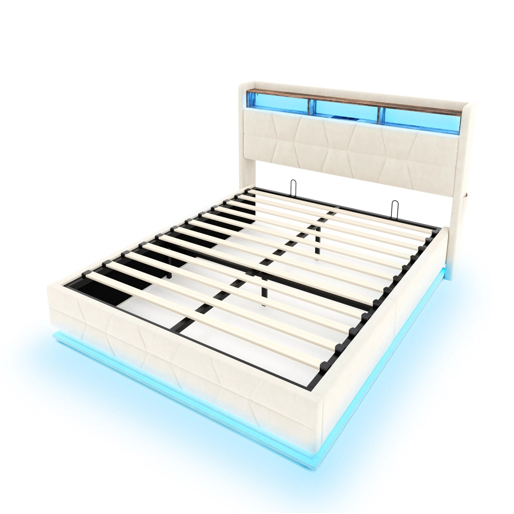 Letto contenitore 140 × 200 cm 2 posti con LED, ripiani, USB e Type-C, senza materasso, velluto beige