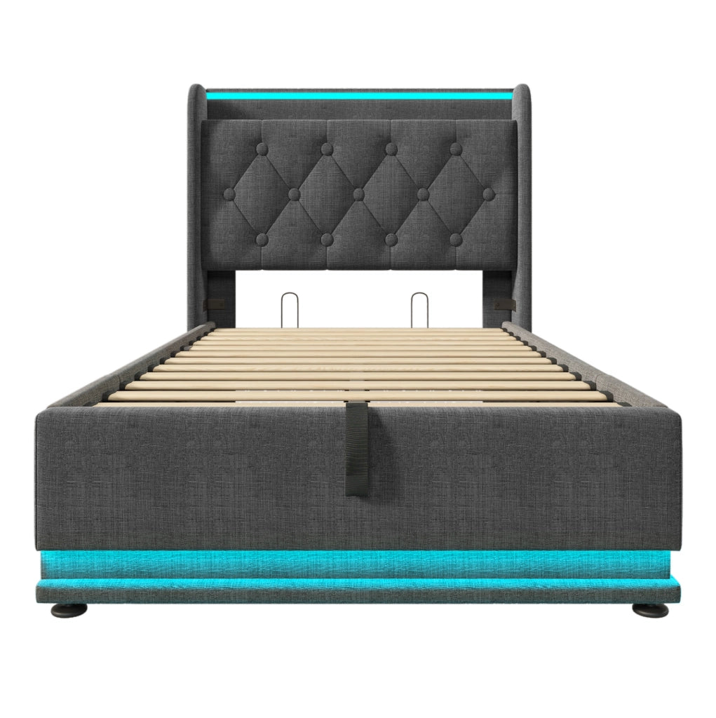 Letto 90x200 cm grigio in lino con LED 360, USB e contenitore idraulico