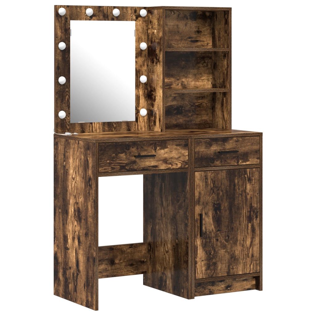 Set di Toeletta in 2 Pezzi con LED in Rovere Affumicato e Legno Ingegnerizzato