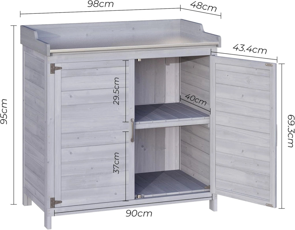 Tavolo da Esterno per Piante, Tavolo da Giardino con Piano di Lavoro Impermeabile, Tavolo da Lavoro in Legno con 1 Ripiano Regolabile, 48x98x95 cm. (Grigio)