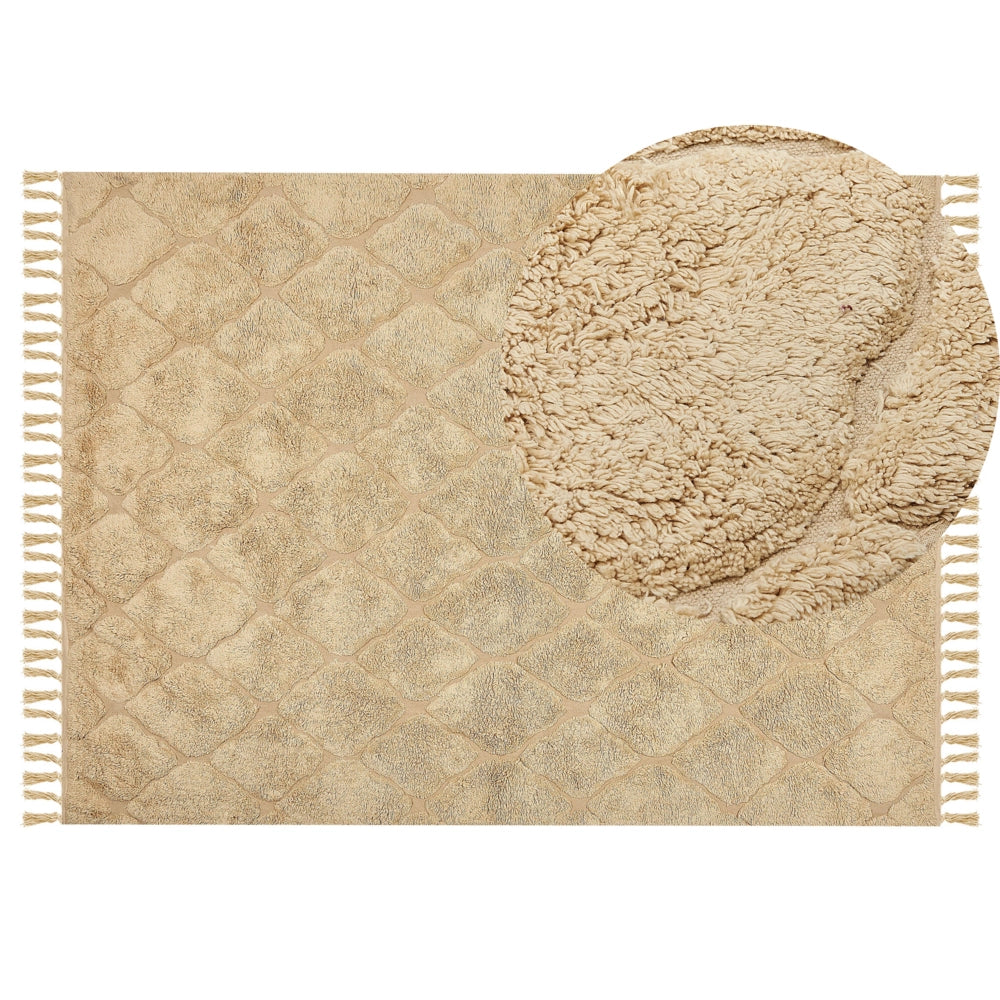 Tappeto beige in cotone trapuntato motivo geometrico con nappe 140 x 200 cm stile boho soggiorno camera da letto