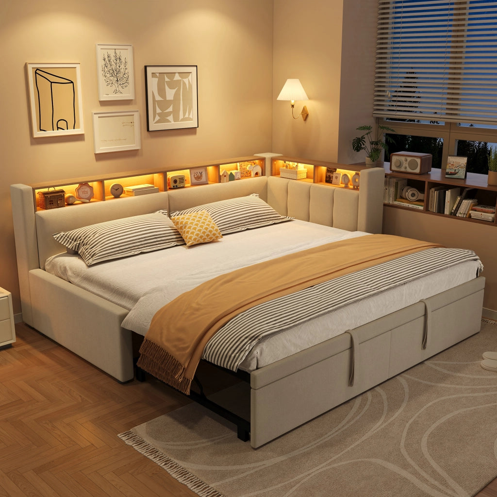 Letto singolo estraibile 90x200 cm in lino e MDF; beige; con LED e testiera contenitore