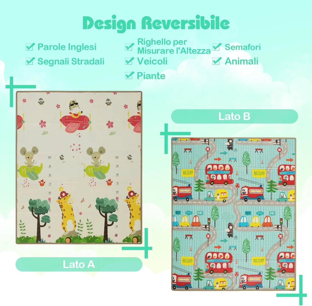 Tappeto Gioco Bambini Pieghevole, 178 × 148 cm, Tappetino Doppia Faccia, Matterasso per Box Bambini, in Schiuma XPE Impermeabile, Tappeto Attività Portatile, per Interni ed Esterni