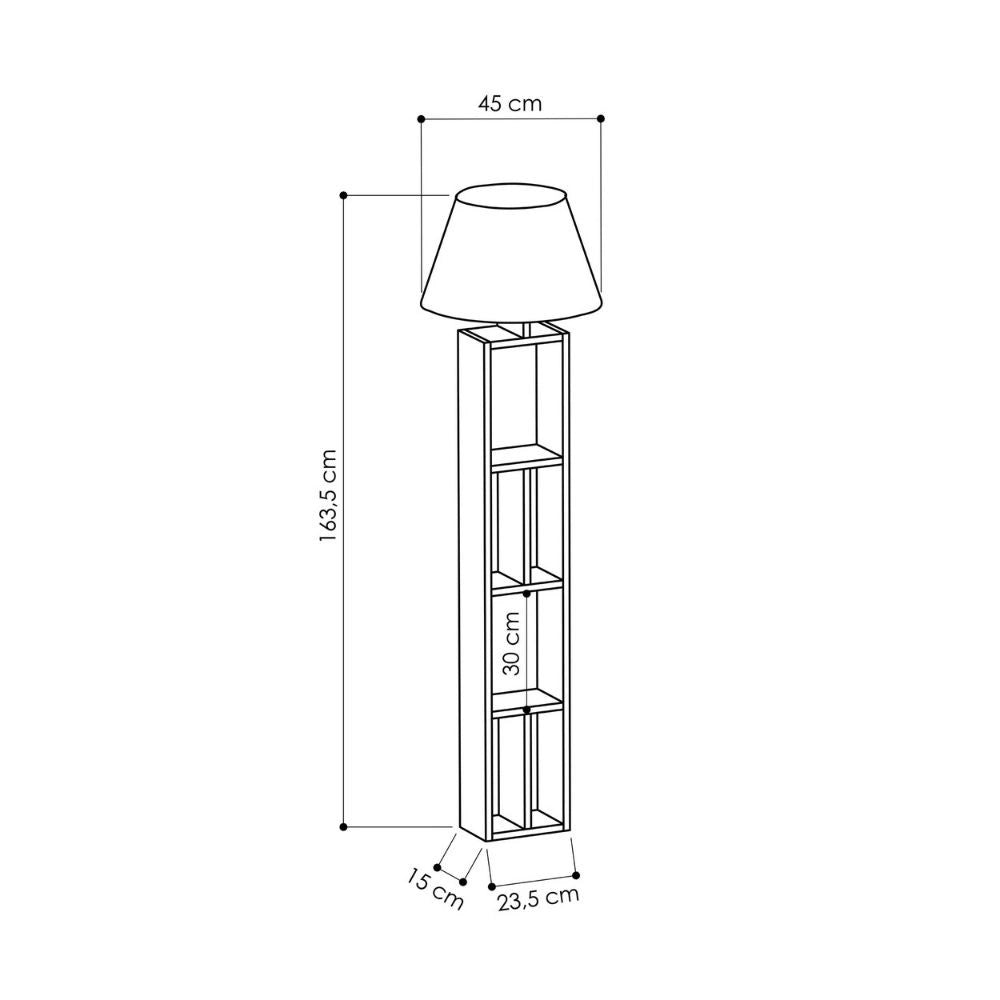 (2c) Lampada da terra in legno con libreria e paralume nero 45x45x163,5 cm