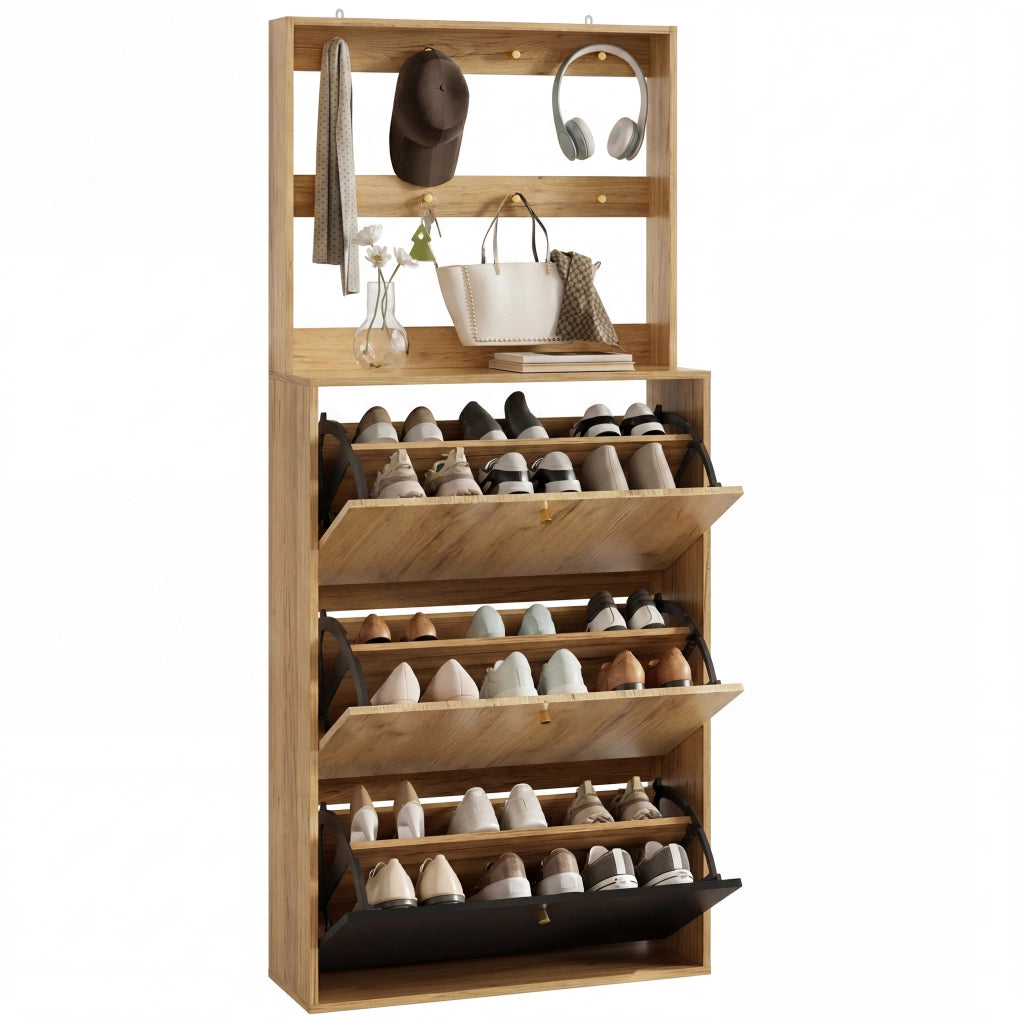 Mobile per scarpe con 3 scomparti ribaltabili; ganci e ripiano regolabile; per ingresso; 75 × 24 × 180 cm