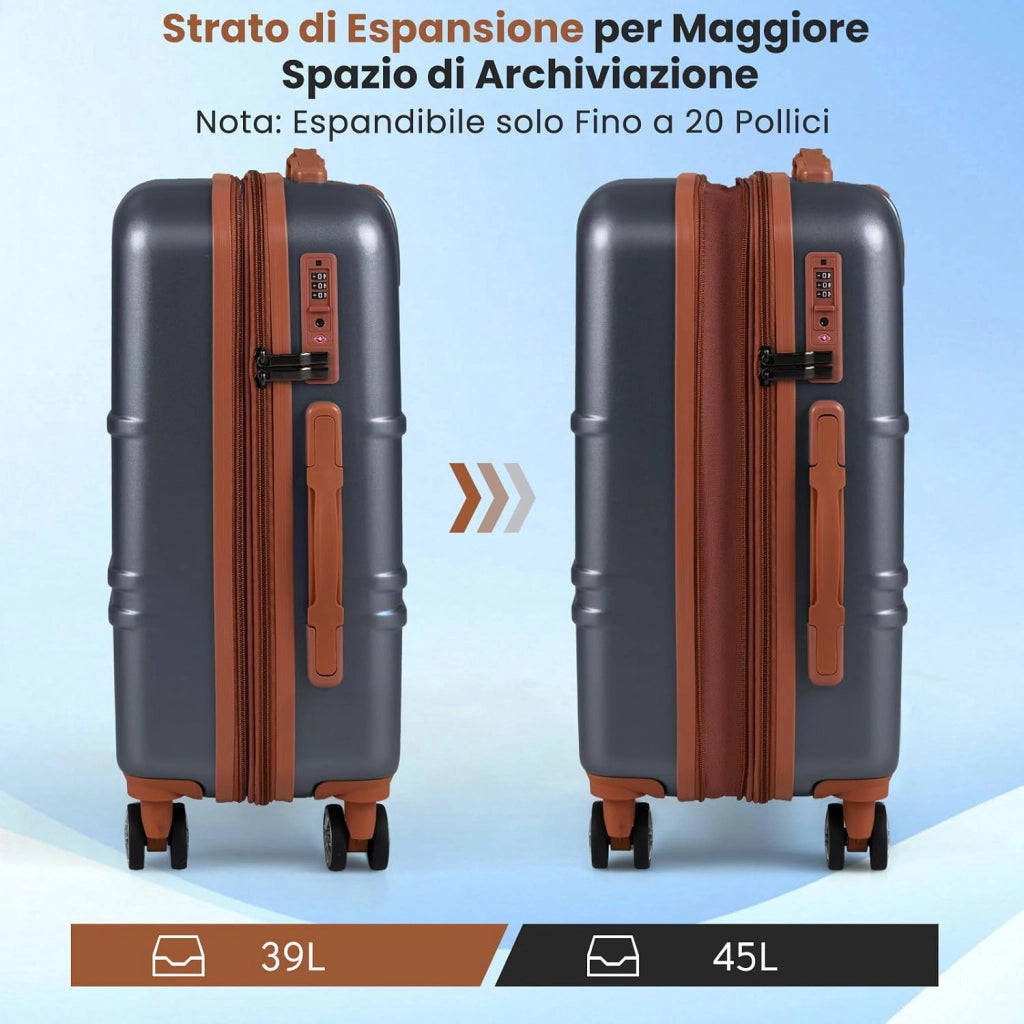 Set di Valigie Rigide 3 Pezzi, Set Valigia da Viaggio in ABS con TSA Lucchetto, Manico Telescopico in Alluminio e Ruote Piroettanti, 20", 24", 28" (Grigio)
