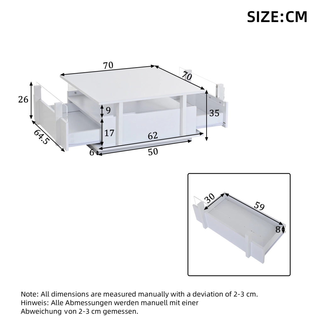 Tavolino da caffè quadrato 70x70x35 cm con 2 cassetti; LED e finitura lucida bianca