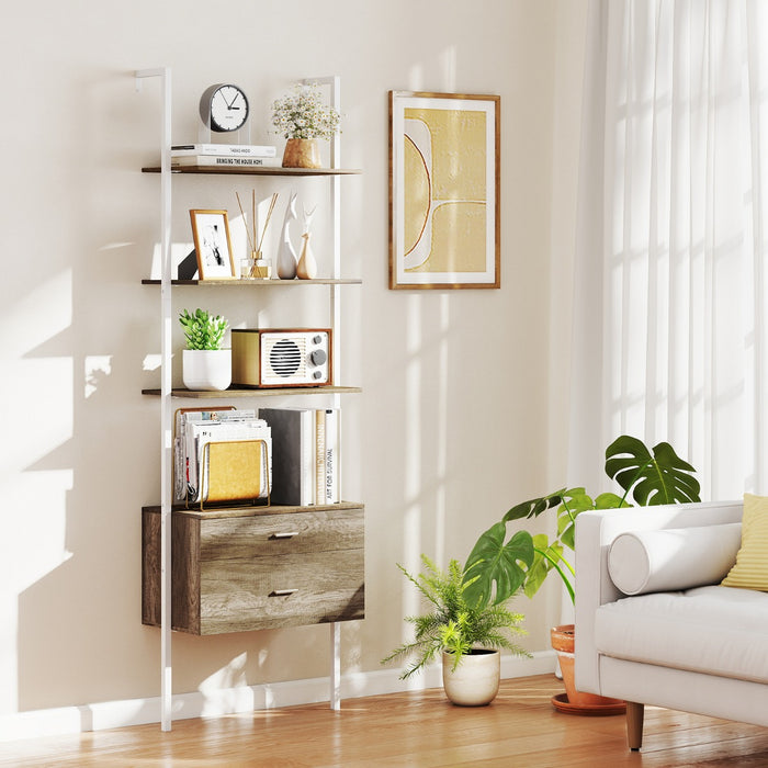 Libreria a scala a 6 ripiani con 2 cassetti e struttura in metallo-Libreria a scala da parete alto 184 cm Grigio chiaro